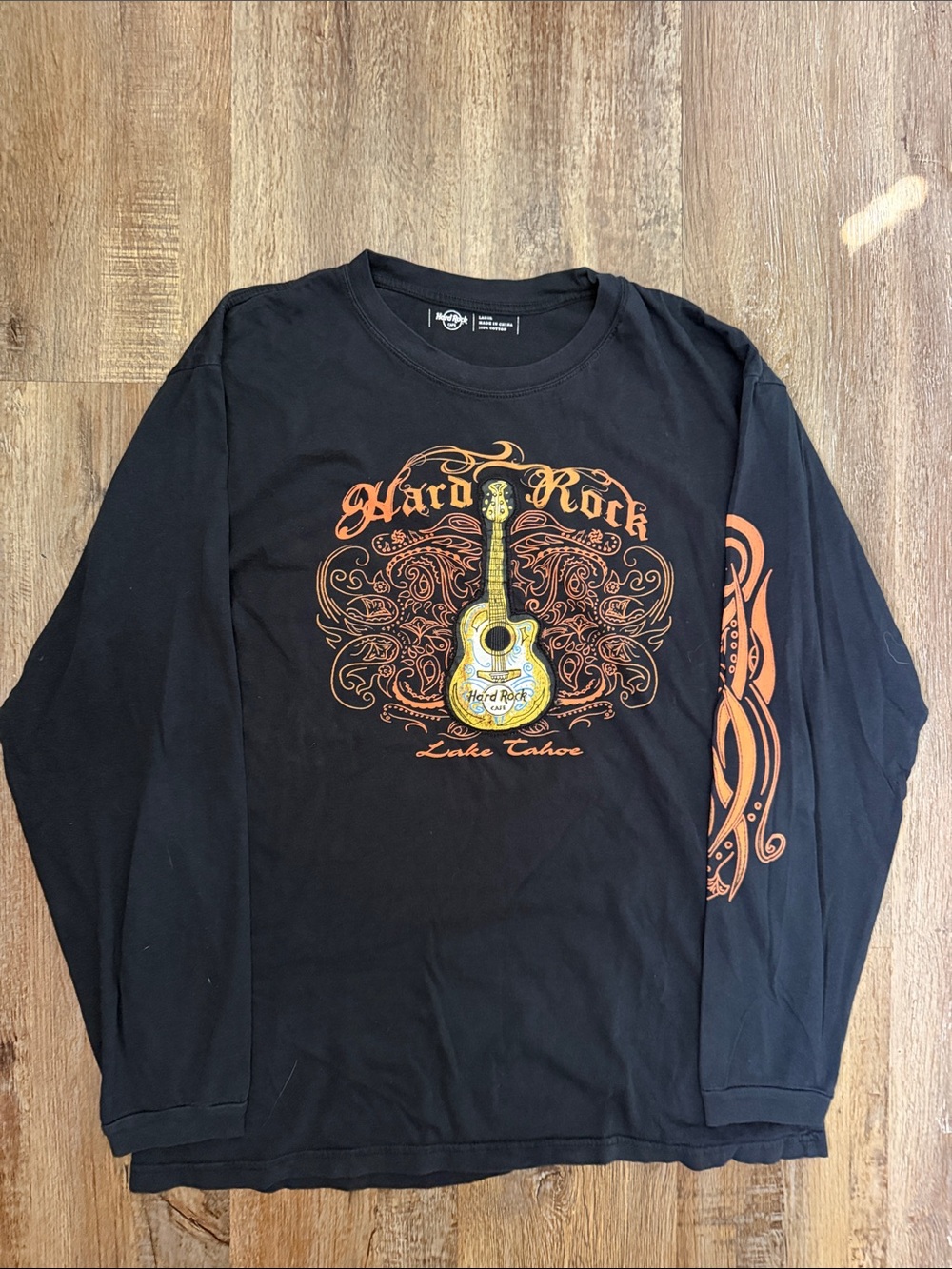 Hard Rock Cafe Black Long Sleeve Guitar Graphic Tee with Orange Accents
